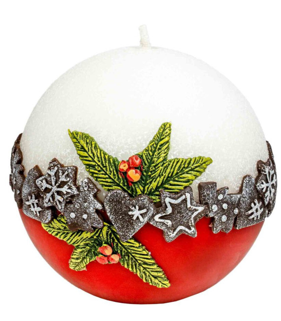 Bougie décorative ronde de Noël, blanc rouge, 10 cm 