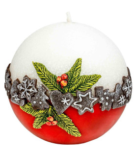 Bougie décorative de Noël ronde, blanc rouge, 10 cm