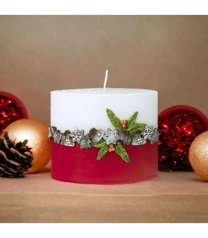 Bougie décorative de Noël ovale , blanc rouge, 11 cm