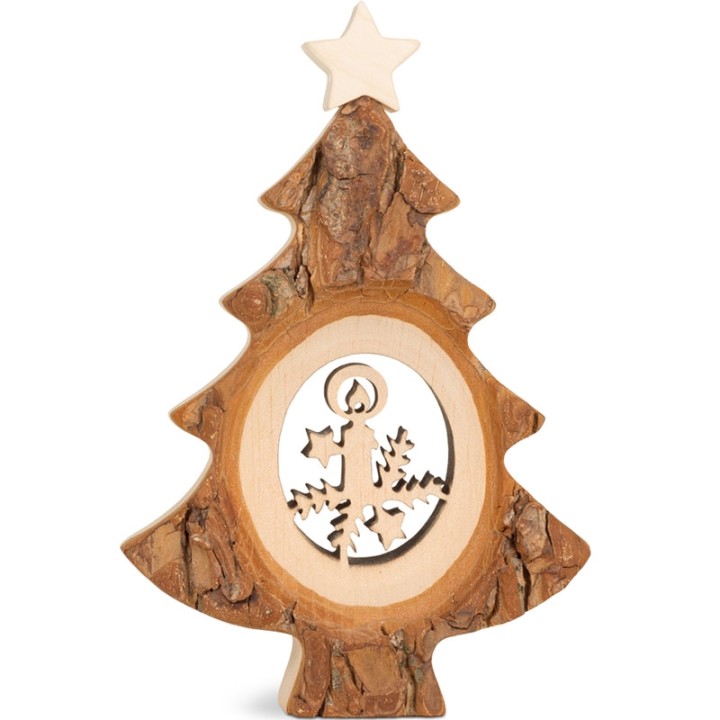 Sapin de Noël en bois avec Père Noël et luge ciselé, 12 cm 