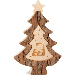 Sapin en bois avec gravure crèche de Noël, 15 cm