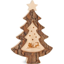 Sapin de Noël en bois avec gravure Père Noël et luge, 15 cm