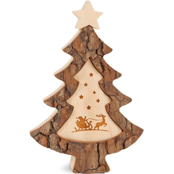 Sapin de Noël en bois avec gravure Père Noël et luge, 15 cm