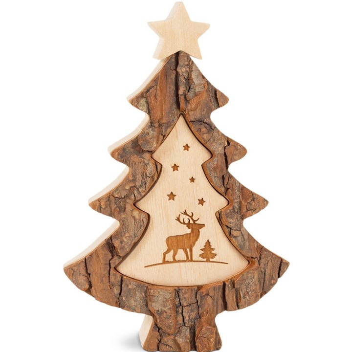 Sapin de Noël en bois avec gravure cerf, 15 cm