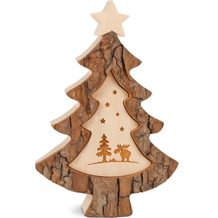 Sapin de Noël en bois avec gravure élan, 15 cm