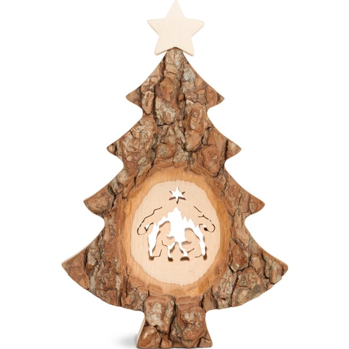 Sapin Noël en bois avec crèche de Noël ciselée, 18 cm
