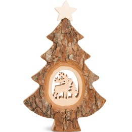 Sapin Noël en bois avec cerf ciselé, 18 cm