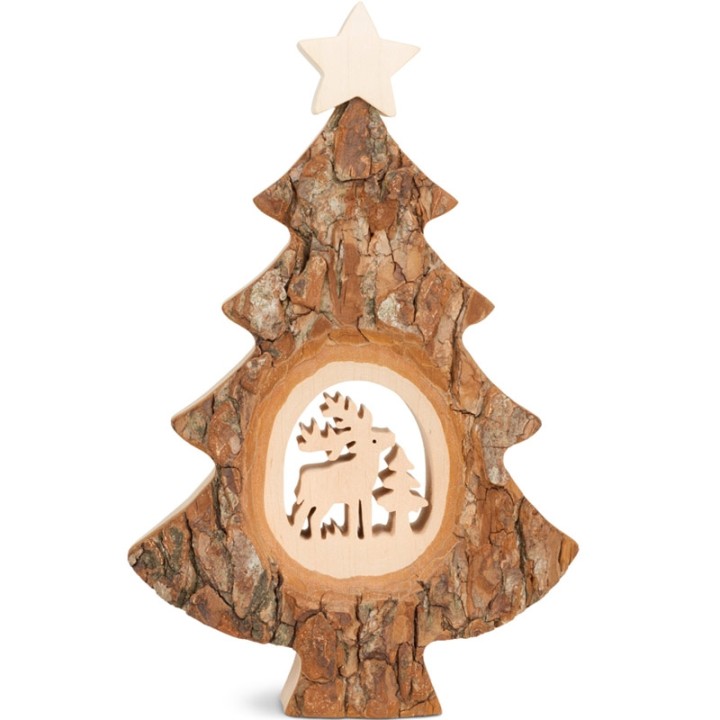 Sapin Noël en bois avec cerf ciselé, 18 cm