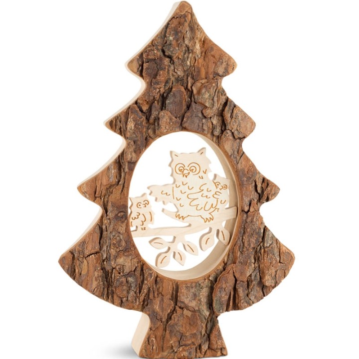 Sapin en bois avec chouette ciselée, 18,5 cm