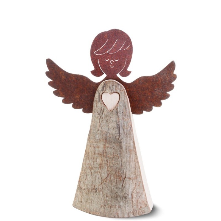 Ange en bois avec coeur et ailes métal, 15,5 cm