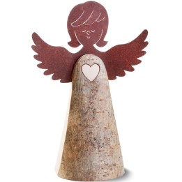 Statuette ange en bois avec coeur et ailes métal, 26 cm