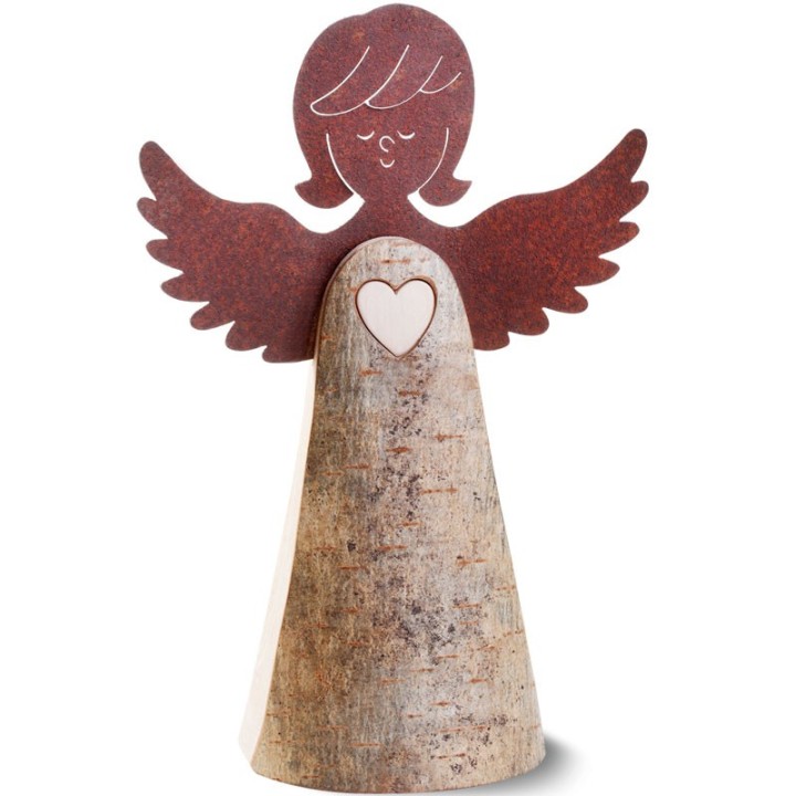 Statuette ange en bois avec coeur et ailes métal, 26 cm