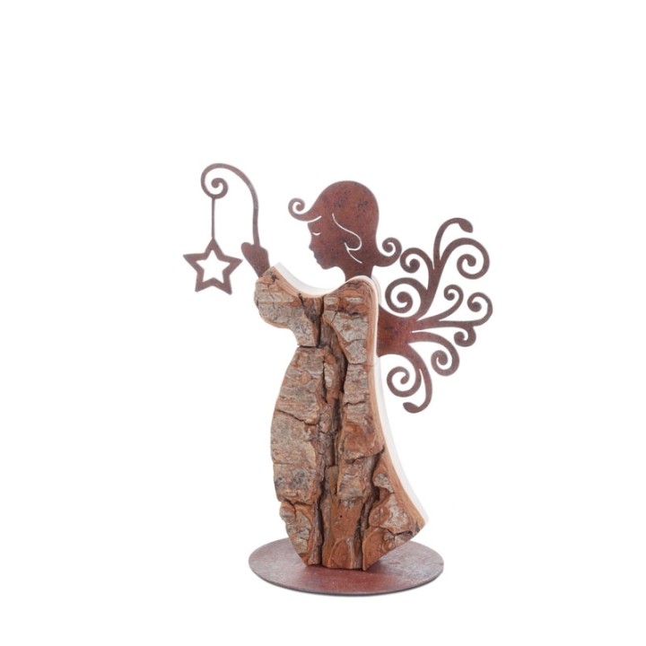 Ange de Noël en bois avec ailes métal, 15 cm