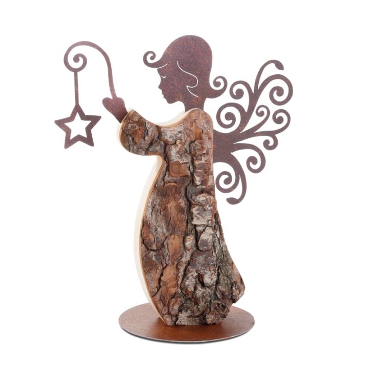 Statuette ange de Noël en bois  avec ailes métal, 25 cm