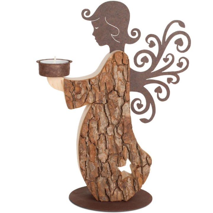 Statuette ange de Noël en bois  avec bougeoir 27 cm