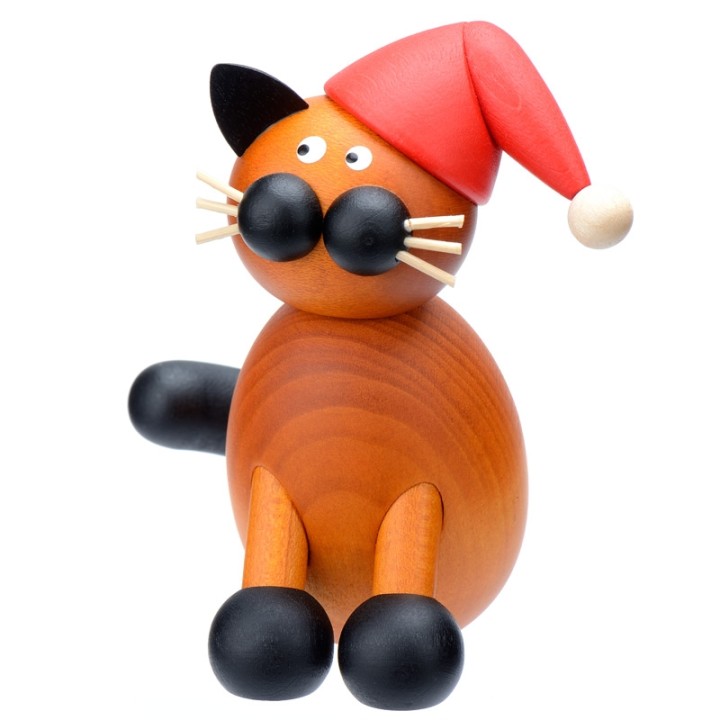 père Noel chat en bois avec bonnet rouge