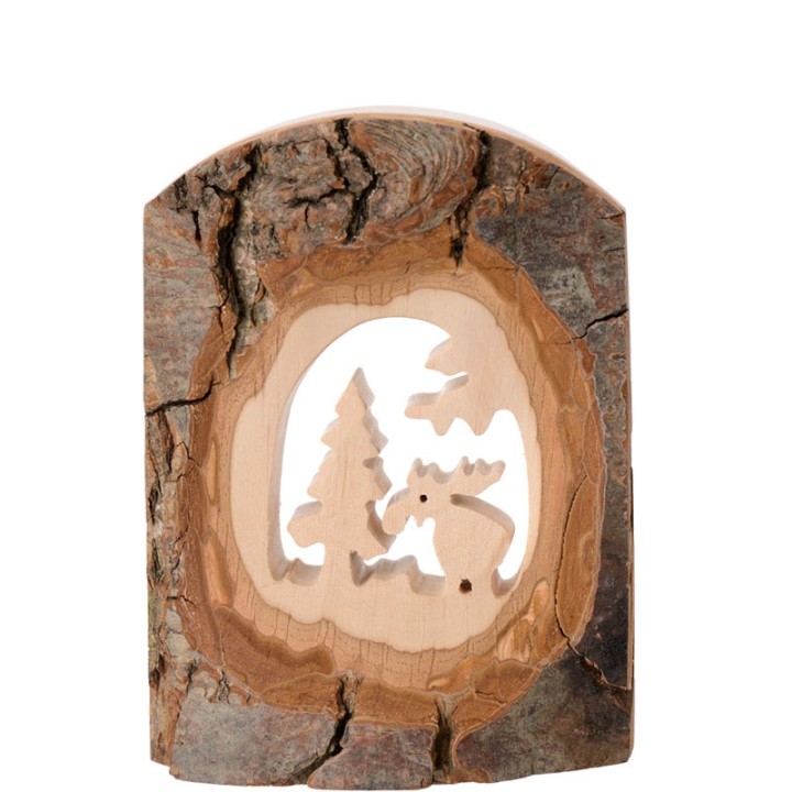 Déco bois en écorce, motif élan dans la forêt, 11 cm