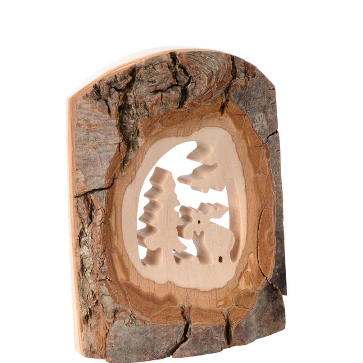 Déco bois en écorce, motif élan dans la forêt, 11 cm