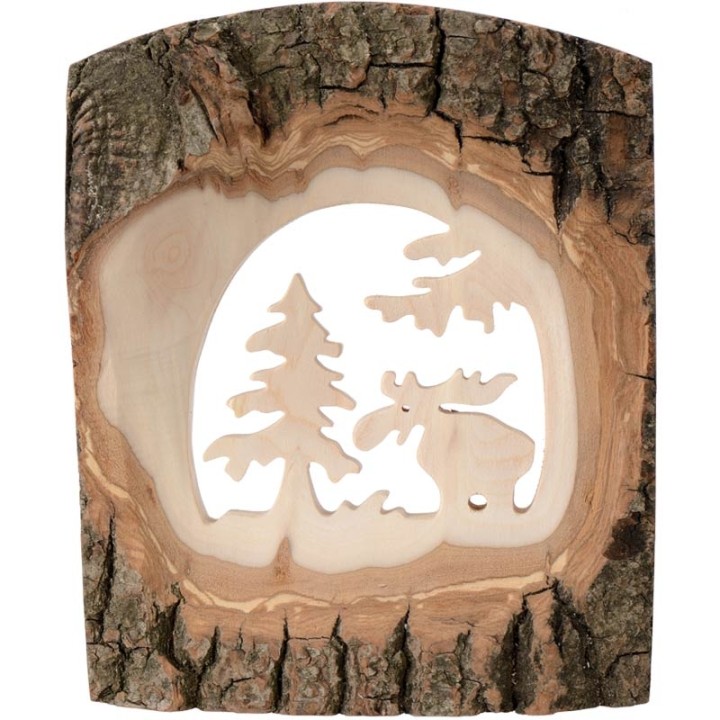 Déco bois en écorce, motif élan dans la forêt, 18 cm