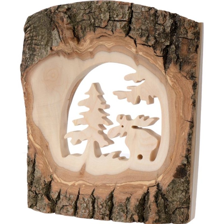 Déco bois en écorce, motif élan dans la forêt, 18 cm