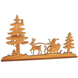 Diorama en placage d'olivier, père Noël en traineau dans la forêt,12 cm