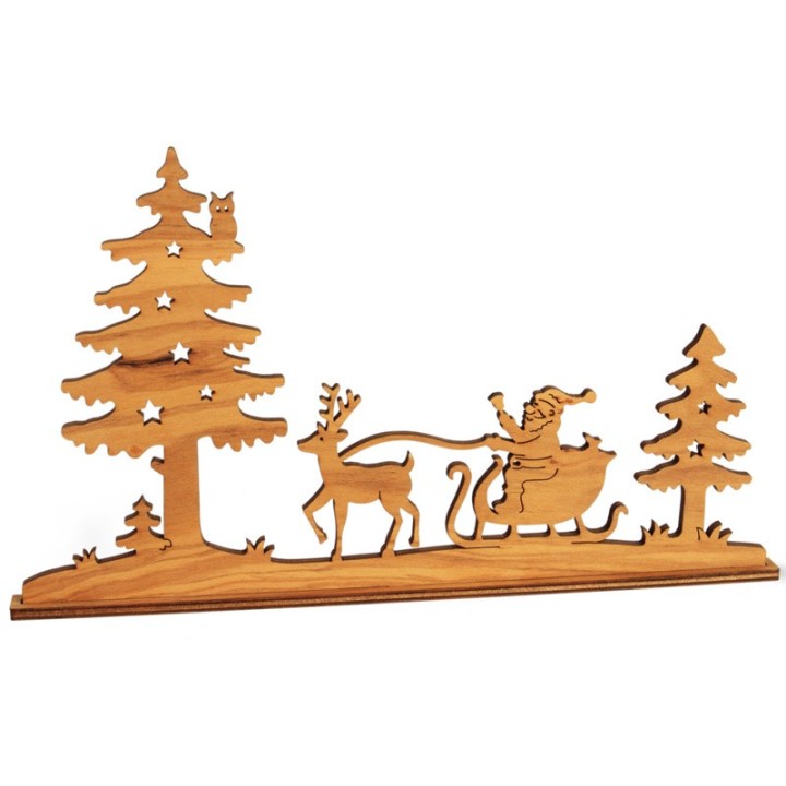 Diorama en placage d'olivier, père Noël en traineau dans la forêt,12 cm