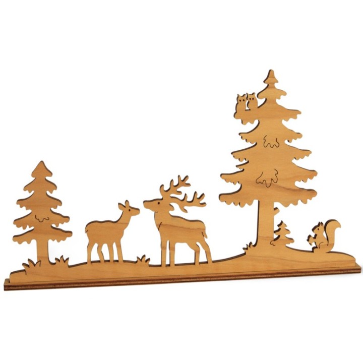 Cerf et biche dans la forêt, diorama en placage d'olivier, 12 cm