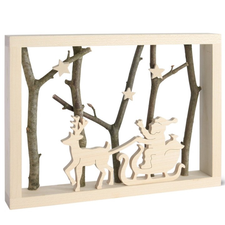 Père Noël dans traineau dans cadre en bois, 15 cm