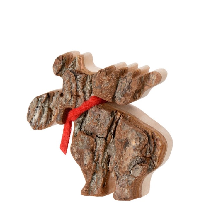Petit élan en bois avec noeud rouge 8 cm
