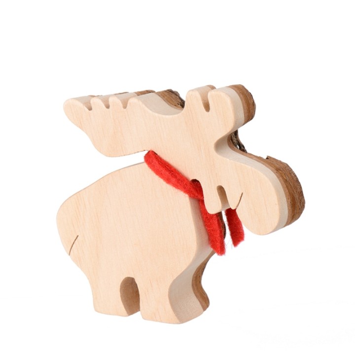 Petit élan en bois avec noeud rouge 8 cm