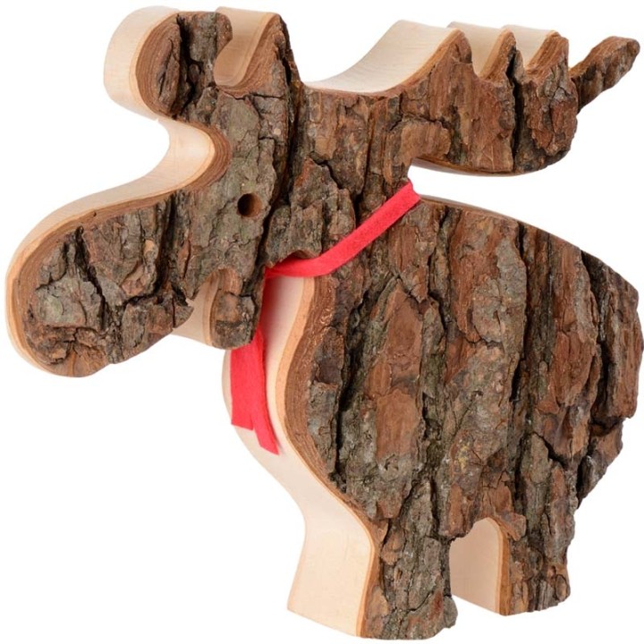 Grand élan en bois avec noeud rouge 18 cm