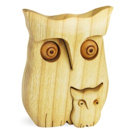 Chouette en bois poli avec enfant,9 cm