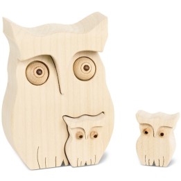 Chouette en bois avec 1 bébé chouette, 10 cm