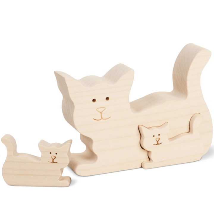 Chat en bois avec un chaton, 8,5 cm