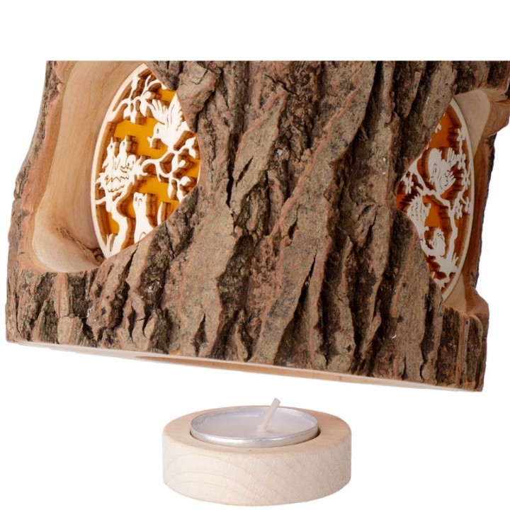 Photophore en bois motifs, écureuil, chat et oiseaux