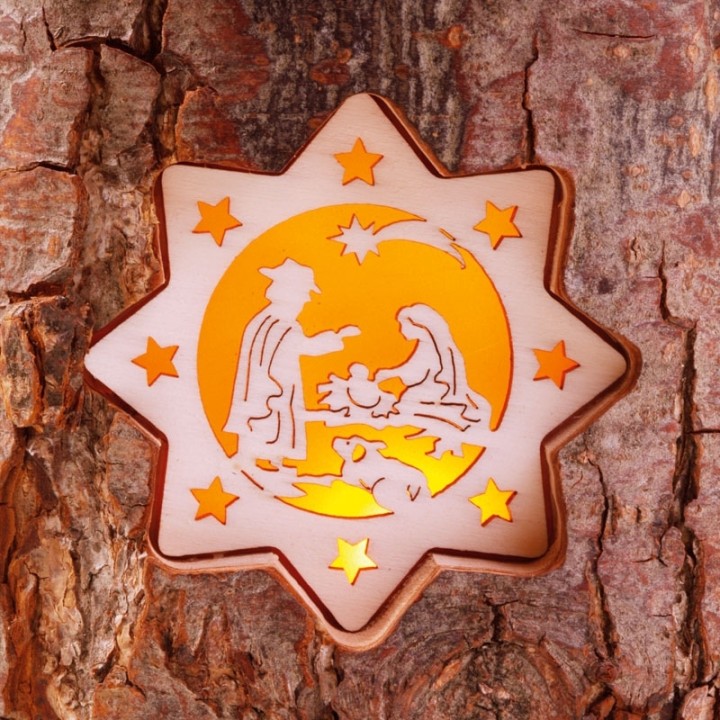 Bougeoir photophore en écorce de bois, crèche et bougie