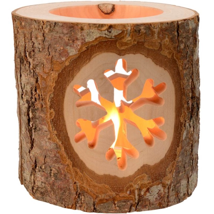 Photophores bois motifs ciselés, flocon de neige