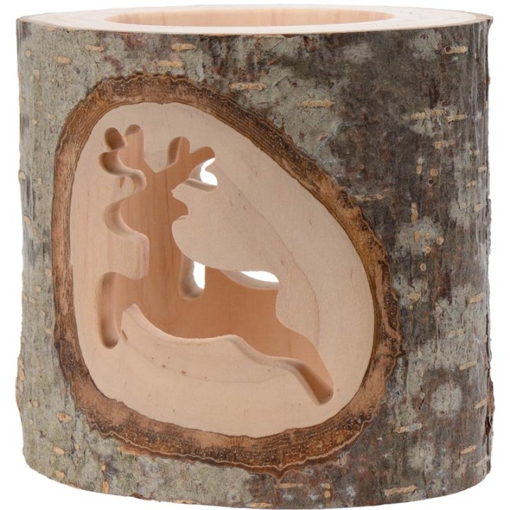 Photophore avec 2 motifs en bois ciselé, renne