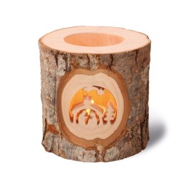 Photophore avec motif en bois ciselé, crèche de Noel et étoile filante