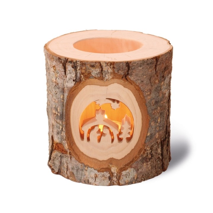 Photophore avec motif en bois ciselé, crèche de Noel et étoile filante