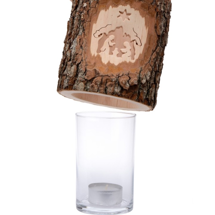 Photophore en bois ciselé, crèche de Noel et étoile