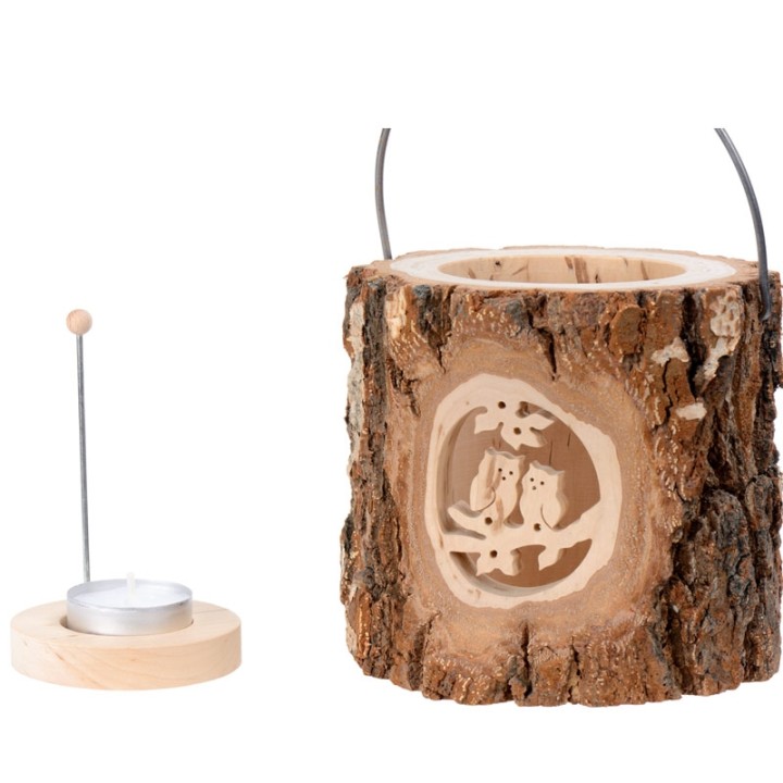 Photophore en bois lanterne, couple hibou