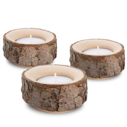 Lot de 3 bougeoirs en bois avec écorce, 9 cm