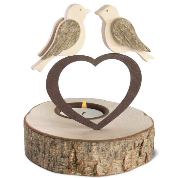 Bougeoir en bois 2 oiseaux sur un coeur, 13 cm