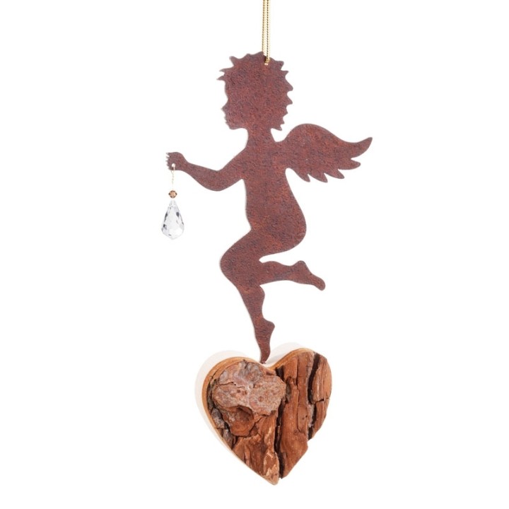 Ange en métal et coeur en bois avec cristal Swarovski, modèle n°1