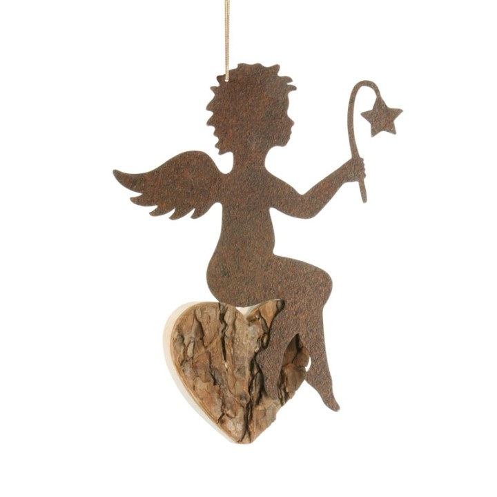 Ange métal et coeur en bois grand modèle à suspendre avec étoile