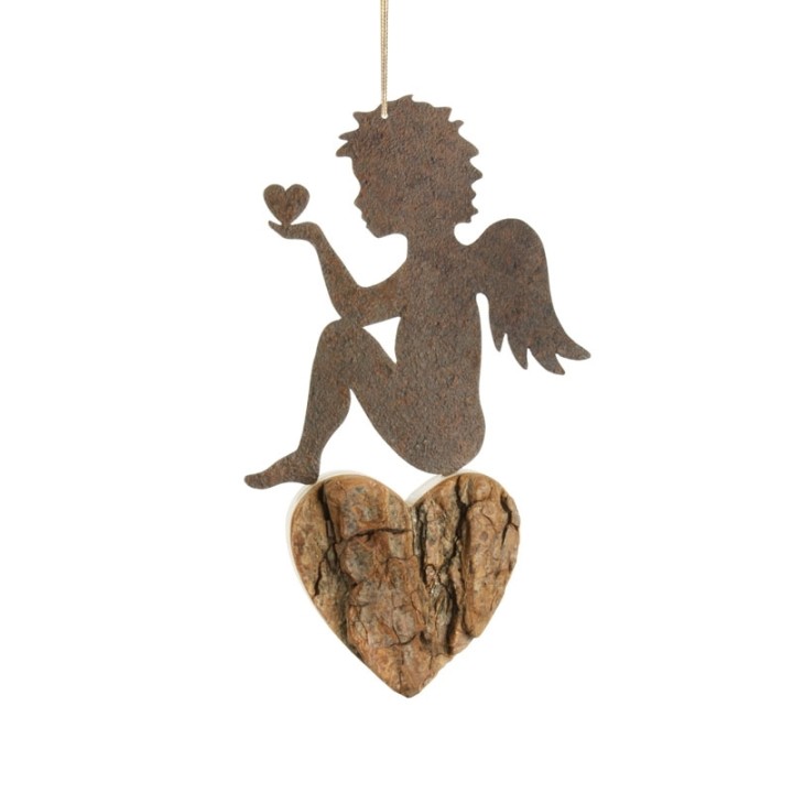 Ange métal et coeur en bois grand modèle à suspendre, assis