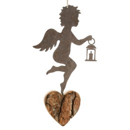 Ange métal et coeur en bois grand modèle à suspendre et lanterne