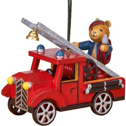 Déco sapin vintage, ourson sur voiture de pompier