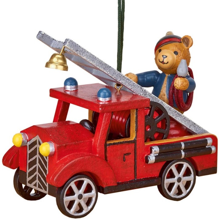 Déco sapin vintage, ourson sur voiture de pompier